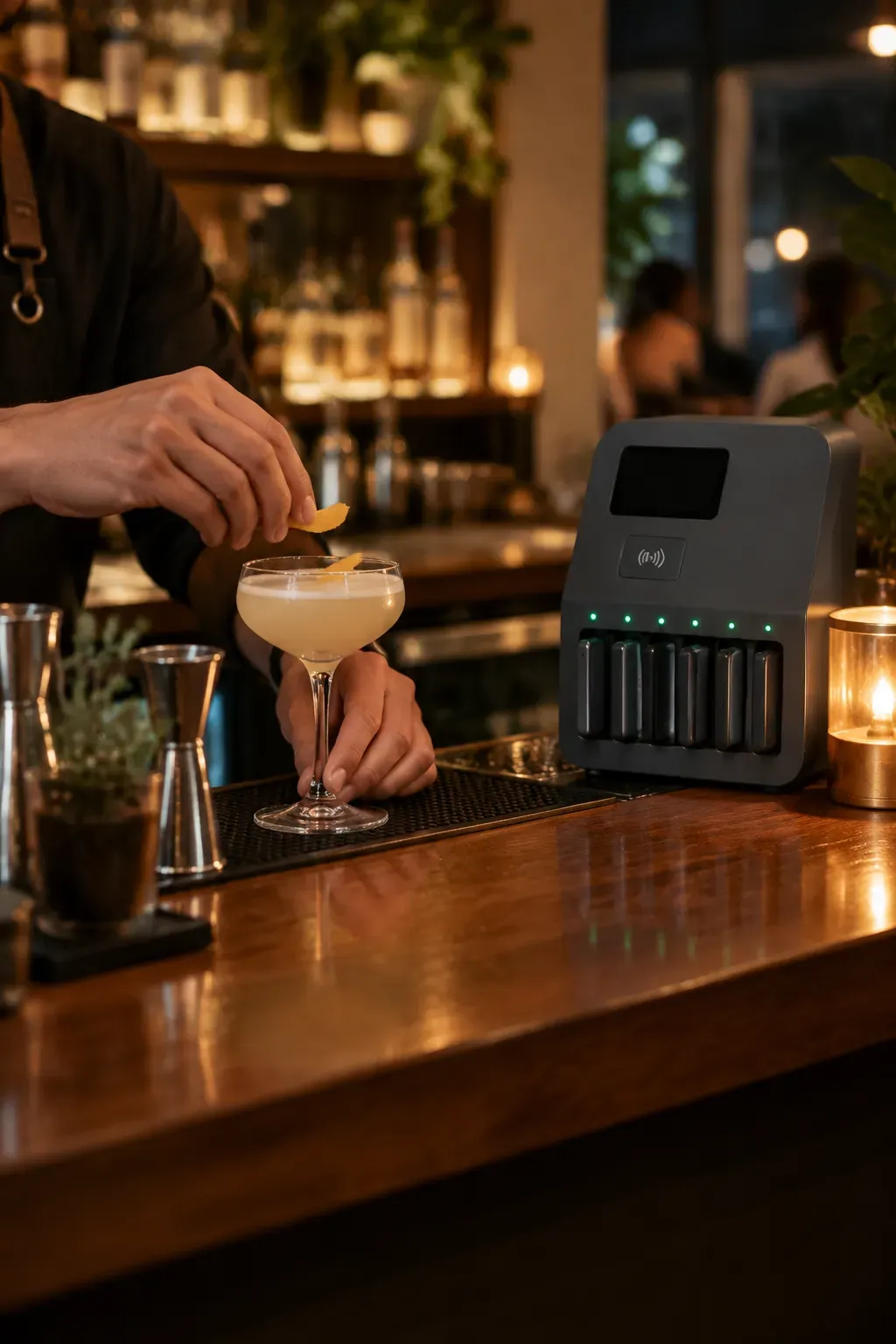 A bartender garnishing a cocktail, a MaxCharge station glowing at the end of the bar