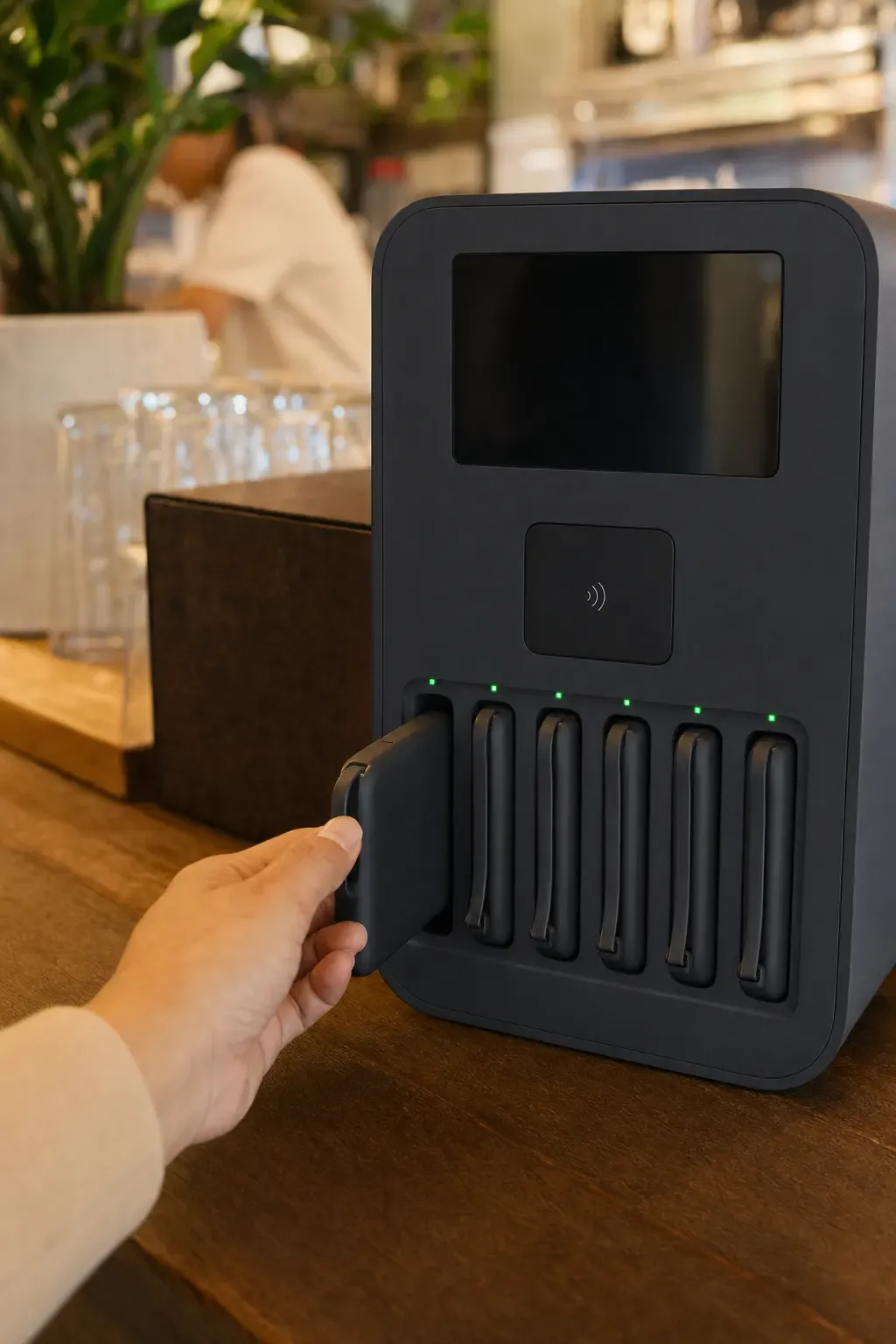 A hand pushing a power bank back into an empty slot