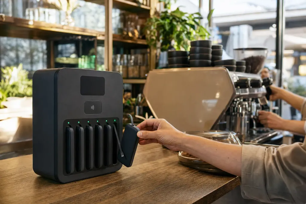 A charcoal MaxCharge station on a timber café counter, a guest sliding out a power bank while the barista works behind