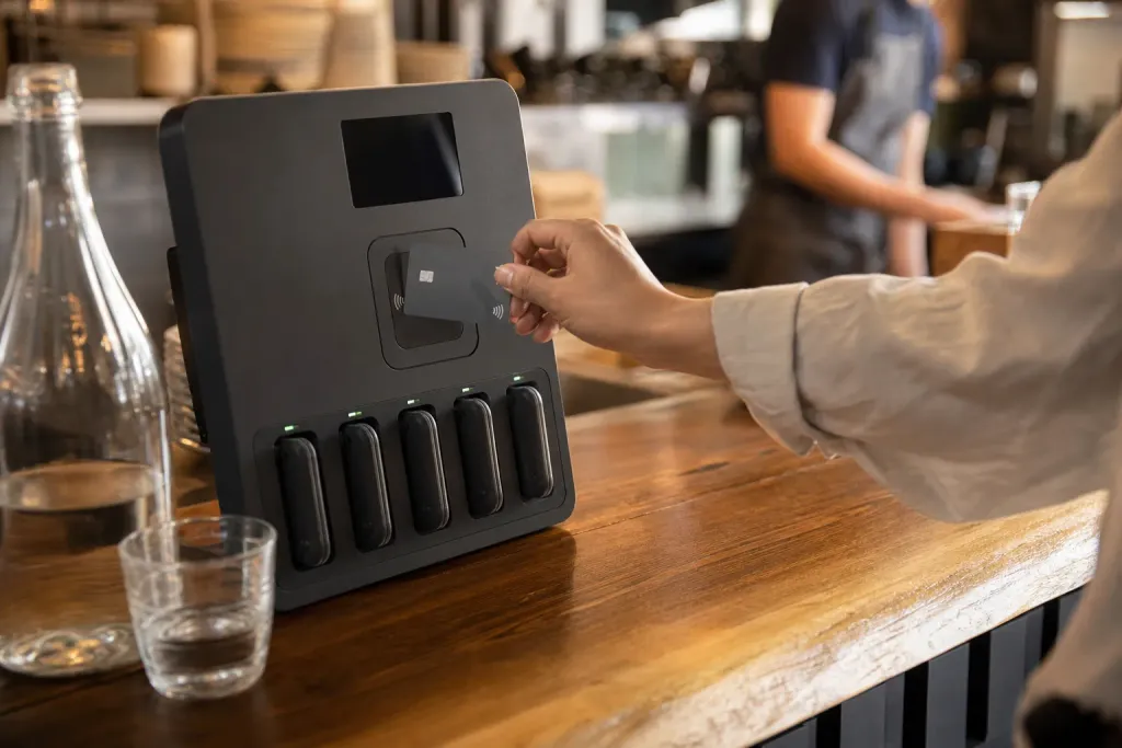 A hand tapping a card on the station's reader